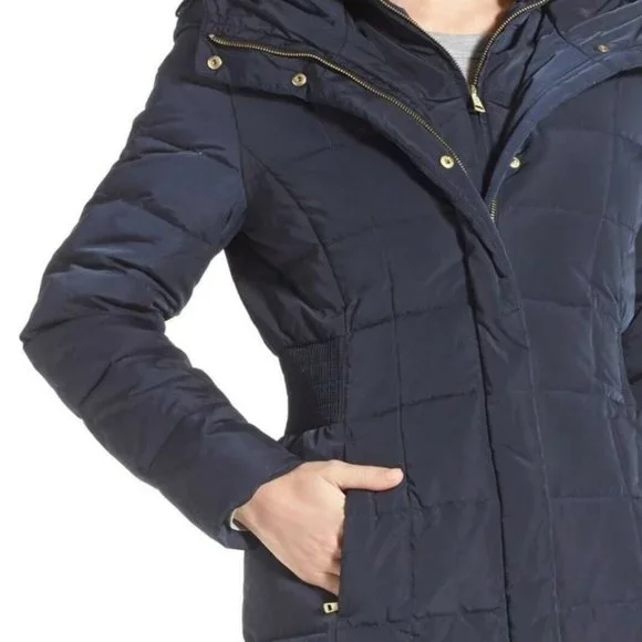 Cole Haan Signature Navy Long Down Puffer Coat Hooded Size XS NWT - Picture 4 of 11